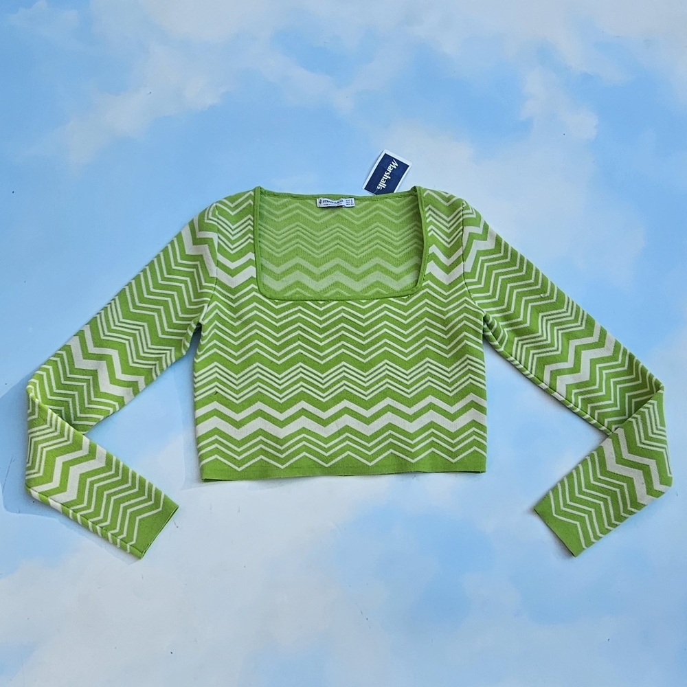 Cute Flirty Green Funky Print Crop Sweater Lime Green Chartruse